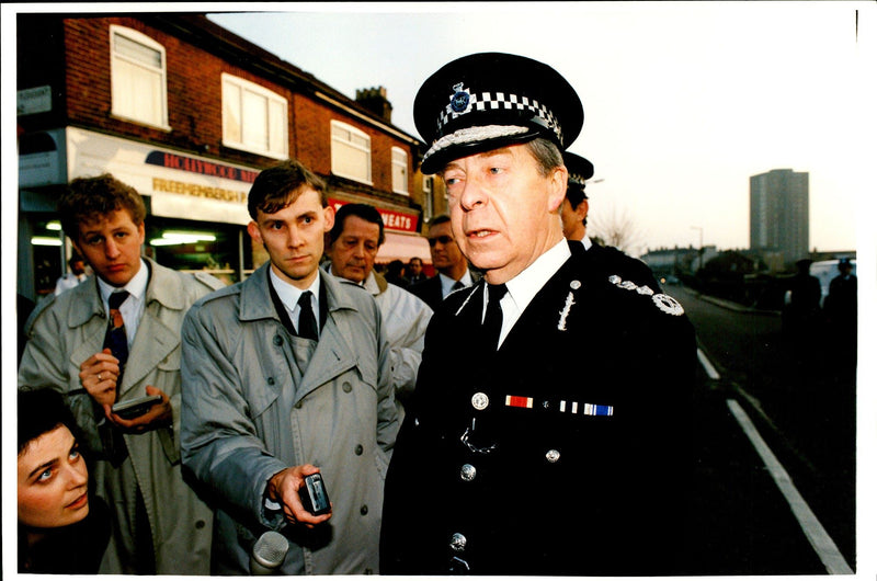 Police Commissioner Sir Peter Imbert talks to reporters about killed Sergeant - Vintage Photograph