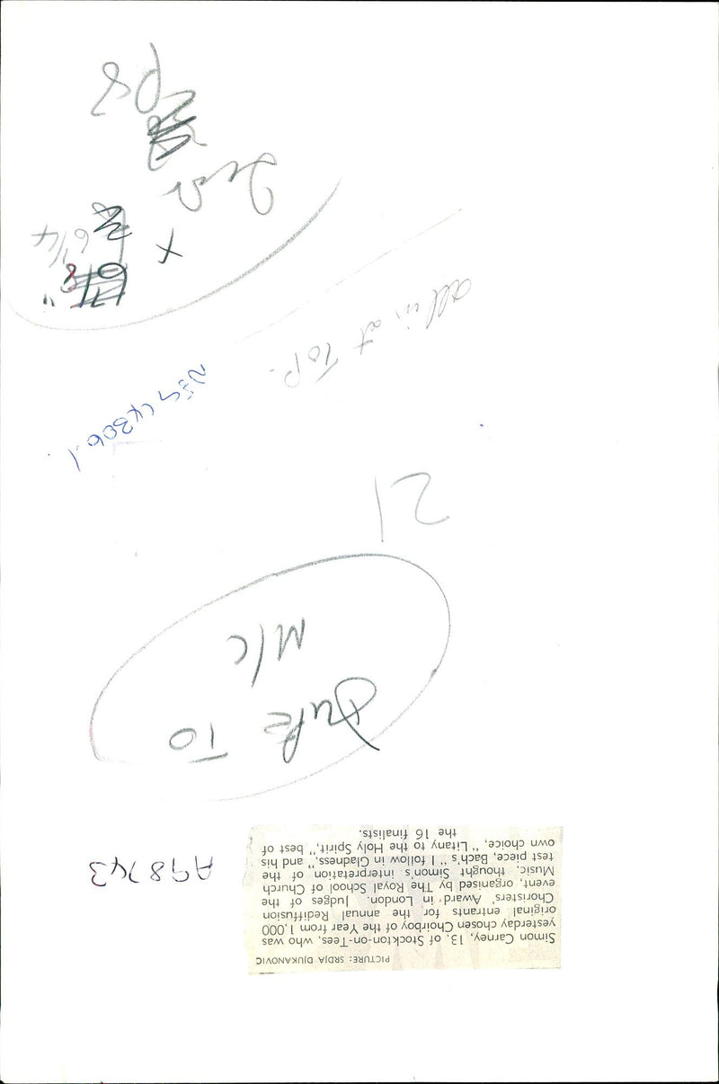 SIMON CARNEY CHOSEN CHOIRBOY THE YEAR FROM SRDJA DJUKANOVIC MUSIC ROYAL - Vintage Photograph