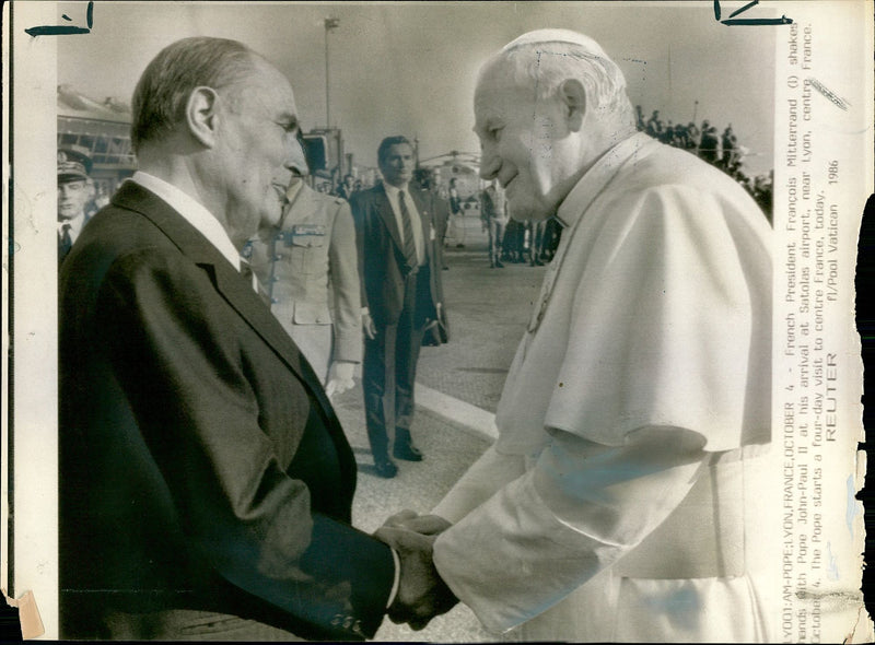 Pope John Paul II being welcomed by President Francois Mitterrand - Vintage Photograph
