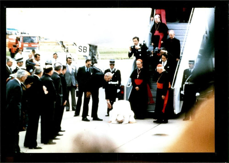 Pope John Paul II in prostration after arrives at France - Vintage Photograph