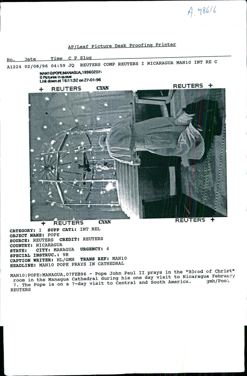 Pope John Paul II prays in the 'Blood of Christ' room in the Managua - Vintage Photograph