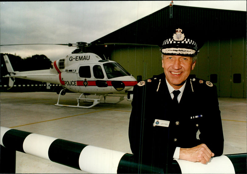 Leicestershire Chief Constable Keith Povey with the new X-ray 55 Helicopter (A Eurocopter A5 355N twin Squirrel). - Vintage Photograph