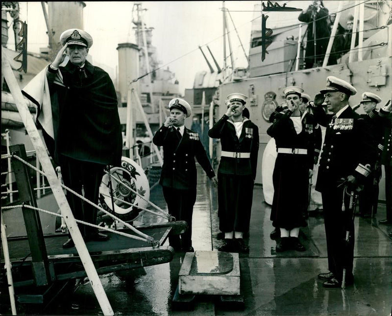 Sir John Edelsten taking the salute when aboard the Canadian Cruiser - Vintage Photograph