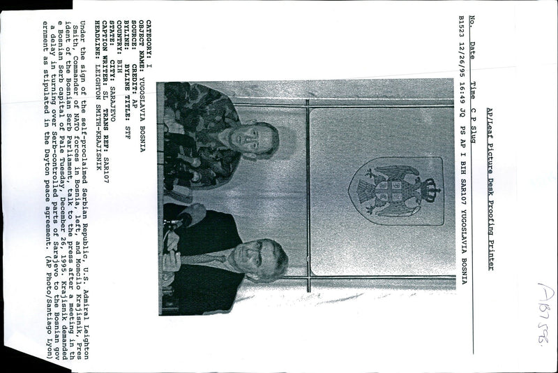 1995 MOMCILO KRAJISNIK BOSNIAN BILL SMITH WRITER PRESS COUNTRY TITLE CAPITAL - Vintage Photograph