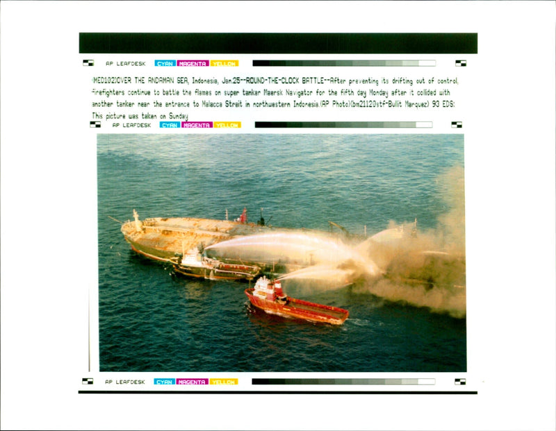 FIREFIGHTERS CONTINUE BATTLE THE FLAMES SUPER TANKER MAERSK SEA SHIP - Vintage Photograph