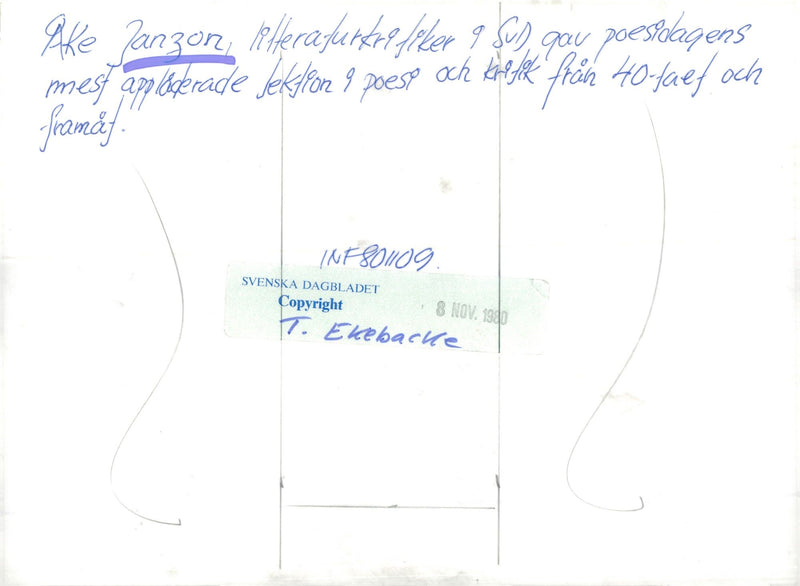 Åke Janzon, critic of literature in SvD, presented poetry day's most applauded lesson in poetry and criticism - Vintage Photograph