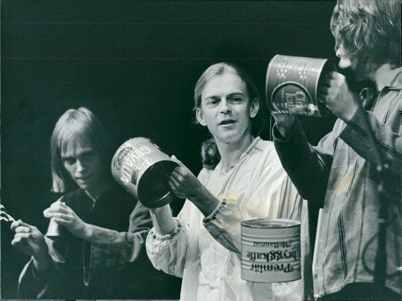 Concert Hall. Three musicians demonstrate how to play on empty coffee cans - Vintage Photograph