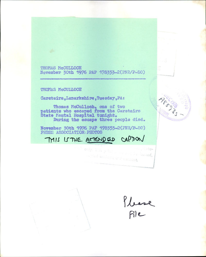 Thomas McCulloch escaped from Carstairs State Mental Hospital - Vintage Photograph