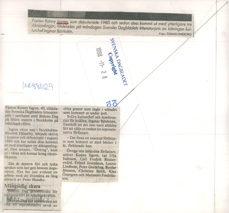 The poet Konny Isgren is awarded the Svenska Dagbladet Literature Prize by Ingmar Björkstén - Vintage Photograph