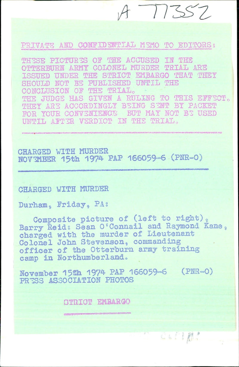 Lt-Col John Stevenson trial. Charged with murder: Barry Reid, Sean O'Connail and Raymond Kane - Vintage Photograph