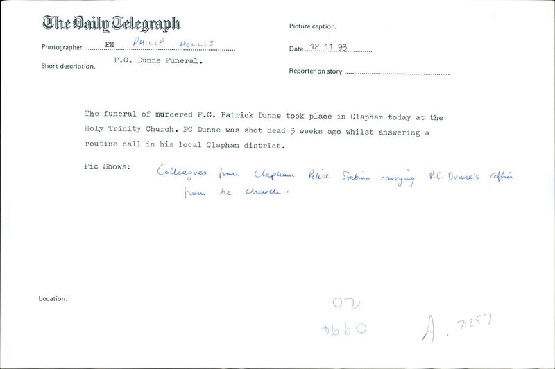 FUNERAL MURDERED PATRICK DUNNE TOOK PLACE PHILIP HOLLIS POLICE - Vintage Photograph