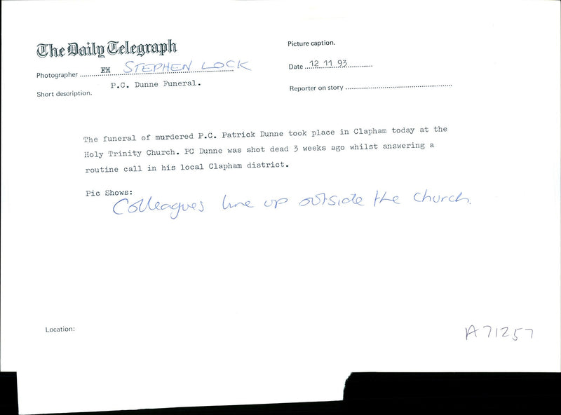 1993 FUNERAL MURDERED PATRICK DUNNE TOOK PLACE CLAPHAM STEPHEN LOCK - Vintage Photograph