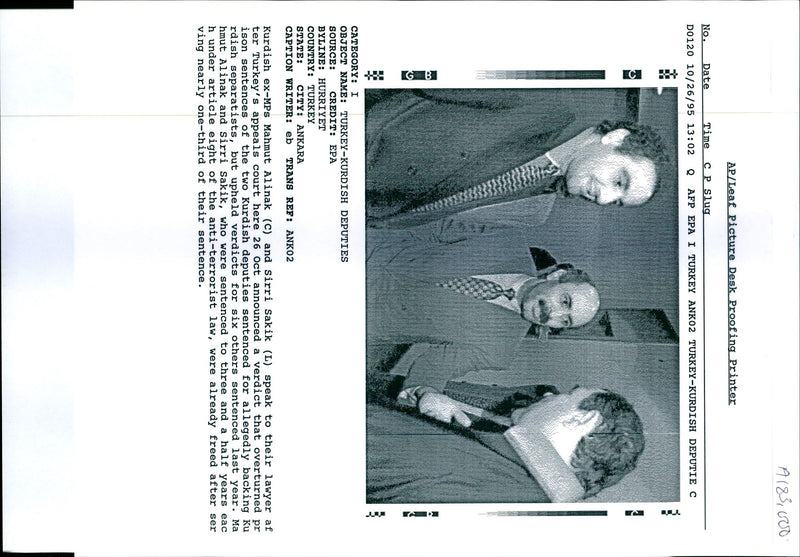 1995 MAHMUT ALINAK AND SIRRI SAKIK WERE SENTENCED THREE WRITER COUNTRY - Vintage Photograph