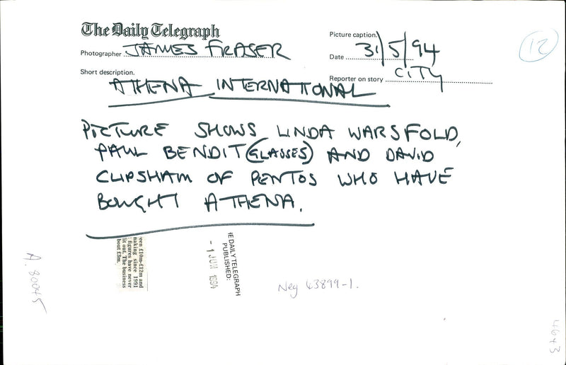 1994 PICTURE CAPTION THE DAILY TELEG JOINUES FRENSER LINDA PAUL PUBLISHED DAVID - Vintage Photograph