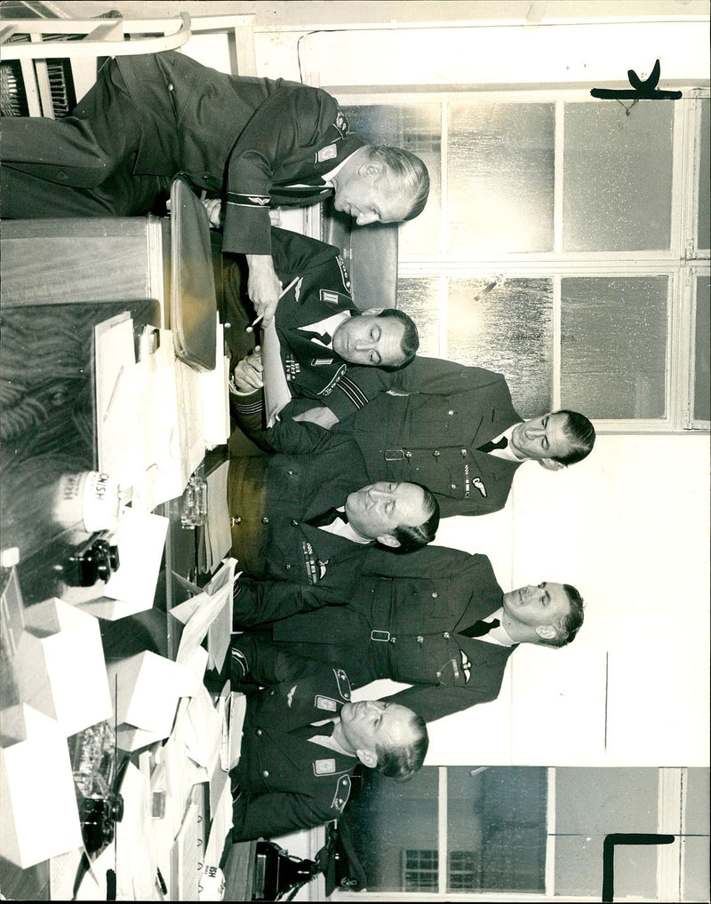 Lt.-Col. G. Cadow, Col. H. Hauser, Group Capt. I. Spencer, Lt-Col. G. Baumann, P. Barber, and Flt. Lt. C. Adams. - Vintage Photograph