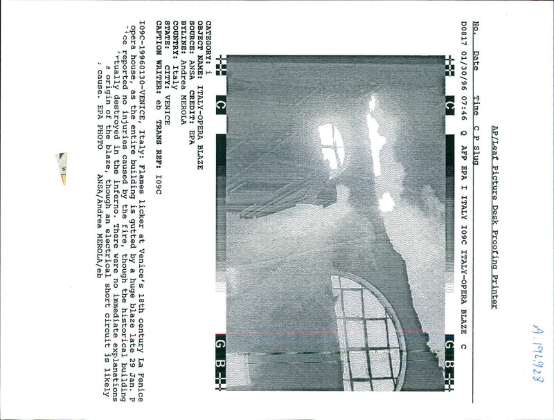 1996 FLAMES LICKER VENICES CENTURY FENICE OPERA HOUSE WRITER ITALY - Vintage Photograph