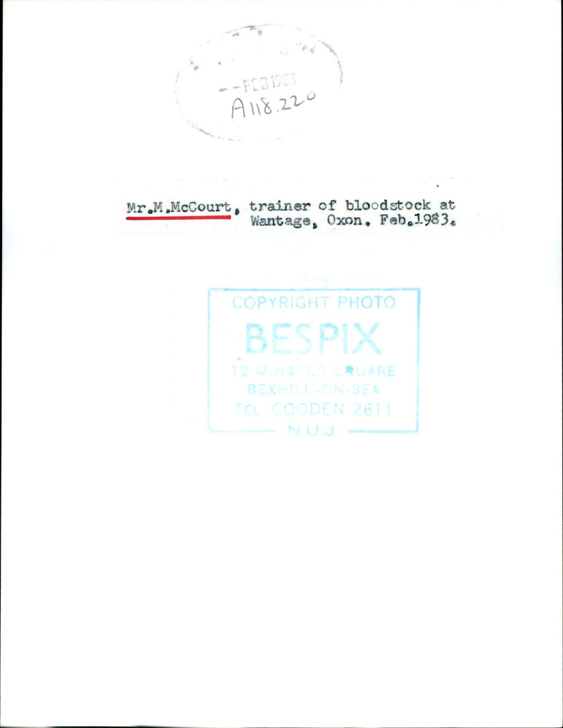 1983 MMMCCOURT TRAINER BLOODSTOCK WANTAGE OXON FEB COPYRIGHT PHOTO BESPIX - Vintage Photograph