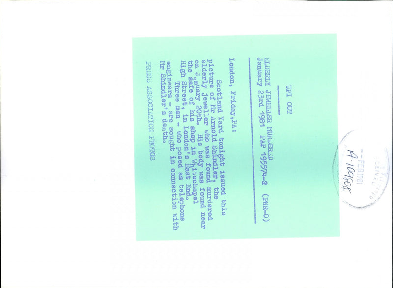 1981 CEIVEL FOS UPI OUT ELDERLY JEWELLER MURDERUD JANUARY DEATH PRESS - Vintage Photograph