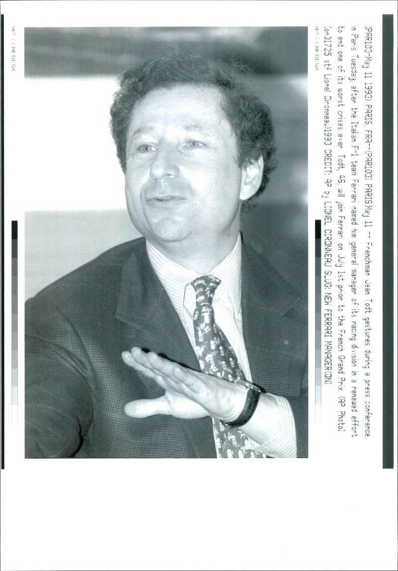 1993 FRENCHMAN JEAN TODT WILL JOIN FERRARI JULY LIONEL CIRONNEAU PRESS - Vintage Photograph