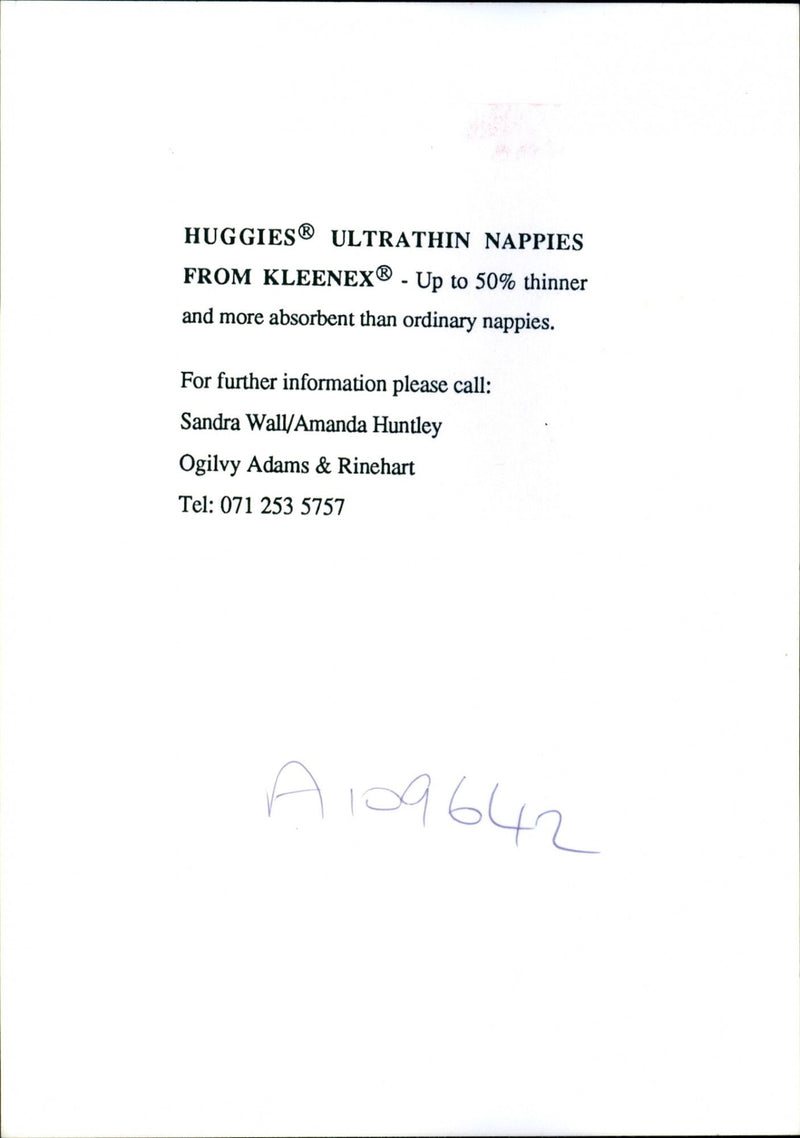 HUGGIES ULTRATHIN NAPPIES FROM KLEENEX ADAMS RINEHART TEL AMANDA HUNTLEY - Vintage Photograph