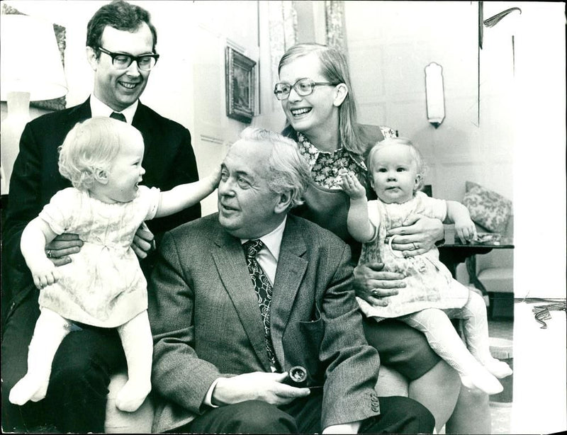 Sir Harold Wilson in fun with his twin grand-daughters - Vintage Photograph