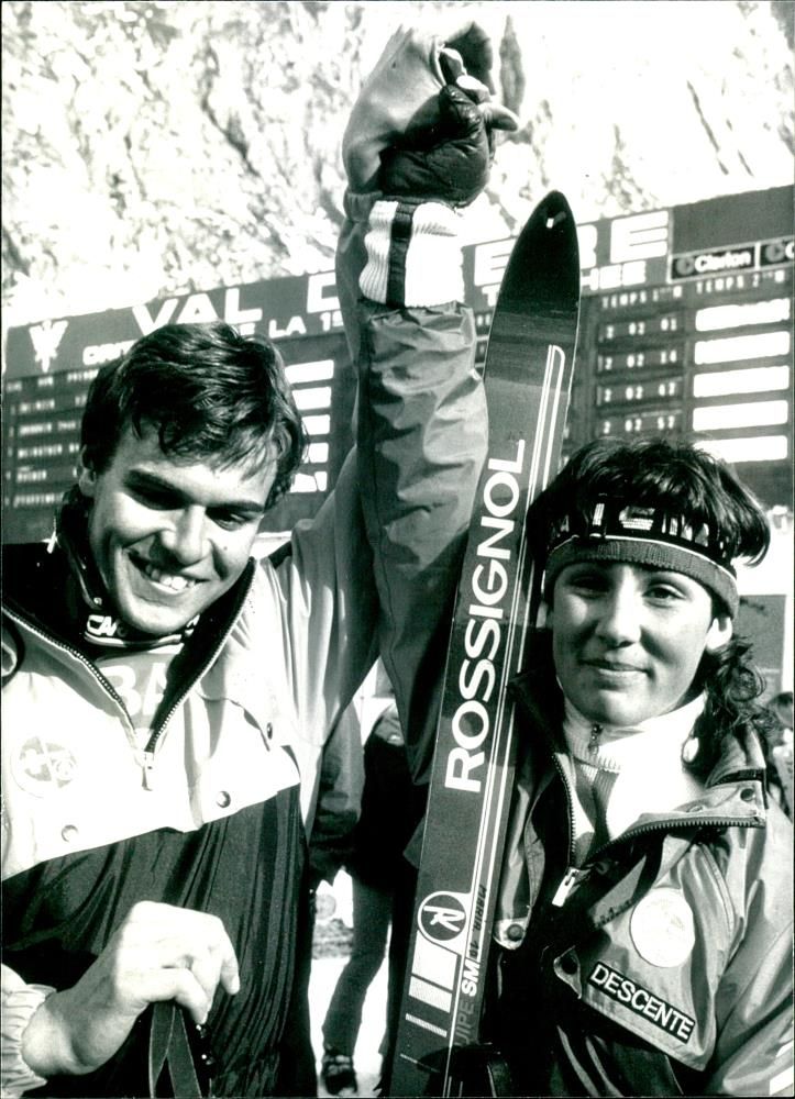 Swiss alpine skier Maria Walliser and Franz Heinzer pictured after their wins - Vintage Photograph