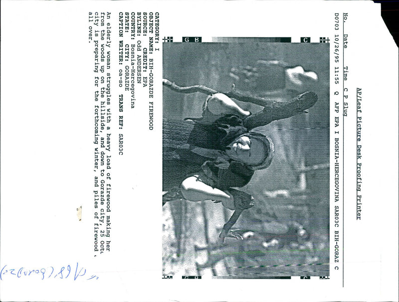 1995 ELDERLY WOMAN STRUGGLES WITH HEAVY LOAD FIREWOOD MAKI WRITER COUNTRY - Vintage Photograph