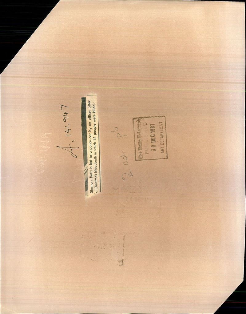 1987 PEOPLE WERE KILLED CHRISTMAS BLOOD JULIAN SIMMONDS POLICE CAR OFFICER - Vintage Photograph