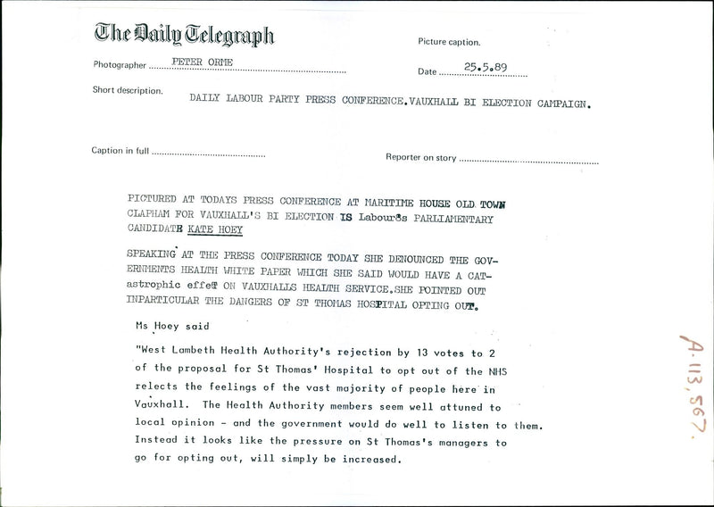 Kate Hoey - Vintage Photograph