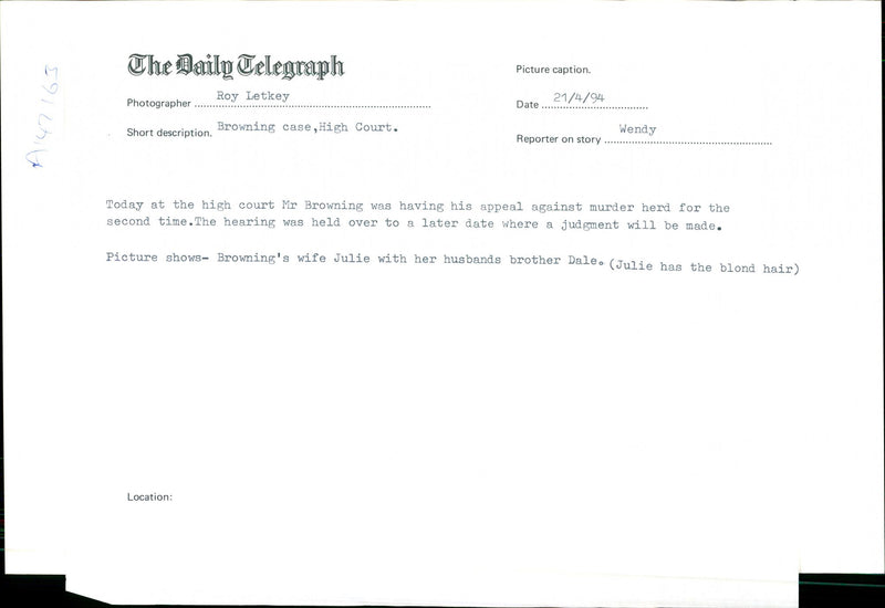 BROWNING EDIE MARIA WILKS MURDER DUPLICATE - Vintage Photograph