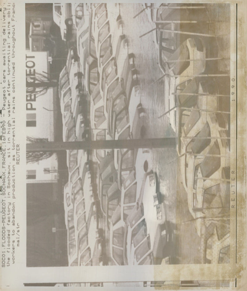 1990 PEUGEOT CARS AWAITING DELIVERY FLOODED FACTORY SOCHAUX FRANCE - Vintage Photograph