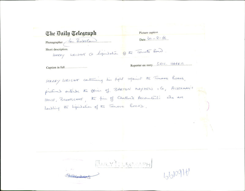 HARRY WRIGHT CONTINUES HIS FIGHT AGAINST THE TOMATO HAN BRASSLAN BARTON - Vintage Photograph