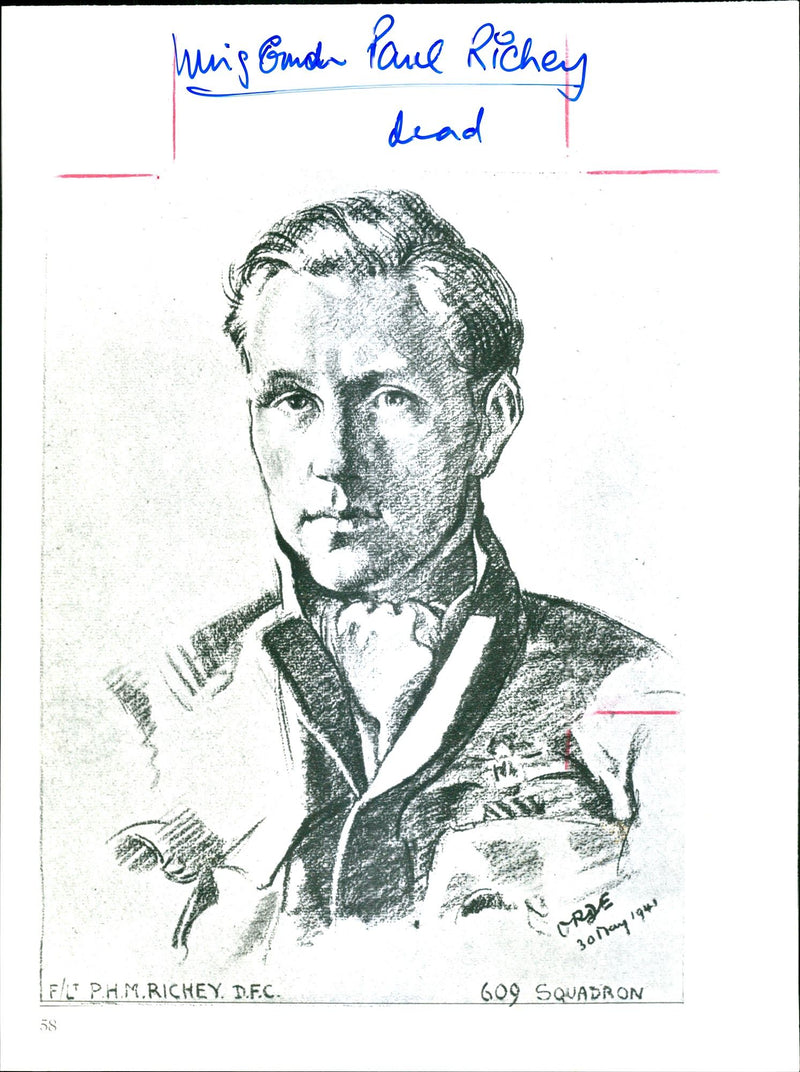 Sketch of Wing Commander Paul Richey - Vintage Photograph