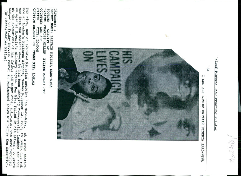 1995 KEN WIWA FAILED HIS ATTEMPT PREVE CHARLES MILLER WRITER BRITAIN - Vintage Photograph