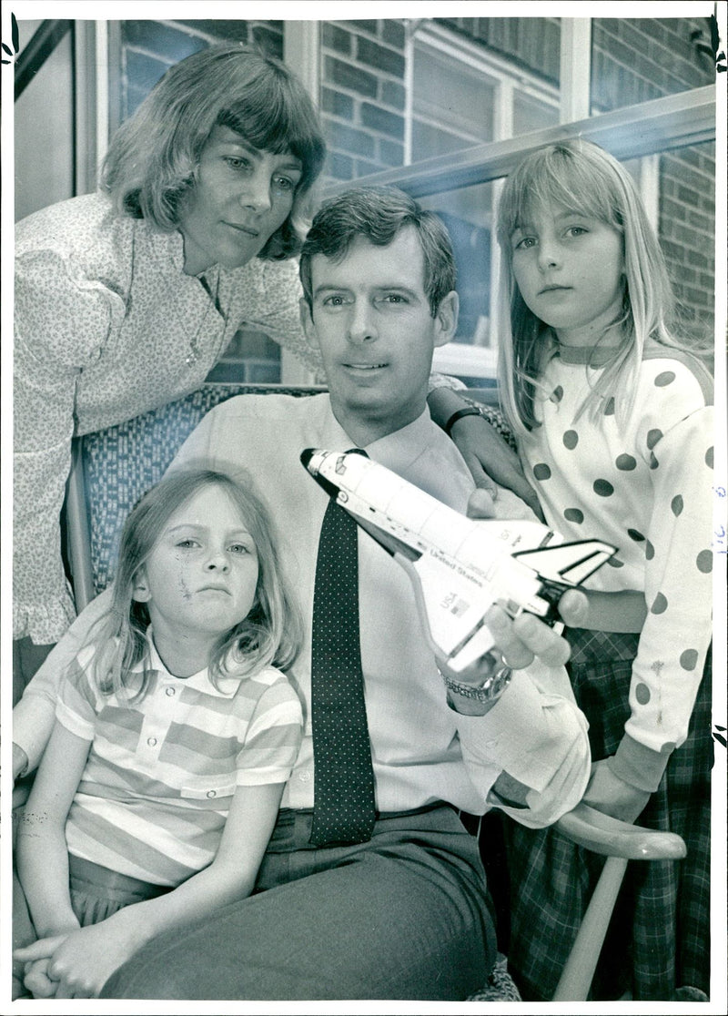 Squadron-Leader Nigel Wood at his home with his wife Irene and daughters Katie and Melanie - Vintage Photograph