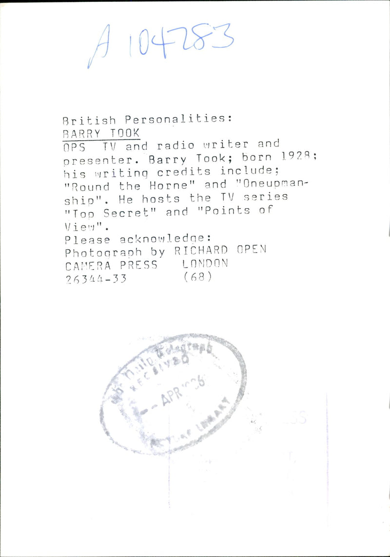 Barry Took, TV and Radio writer and presenter - Vintage Photograph