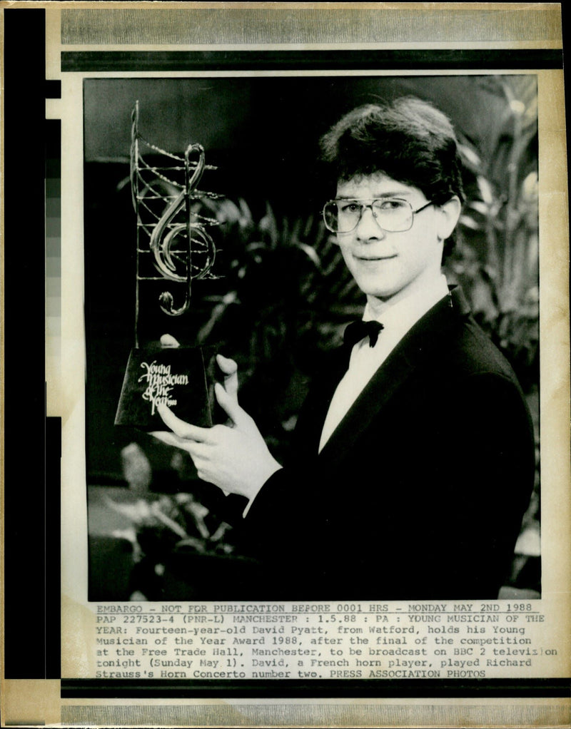 David Pyatt holds his Young Musician of the Year Award 1988 - Vintage Photograph