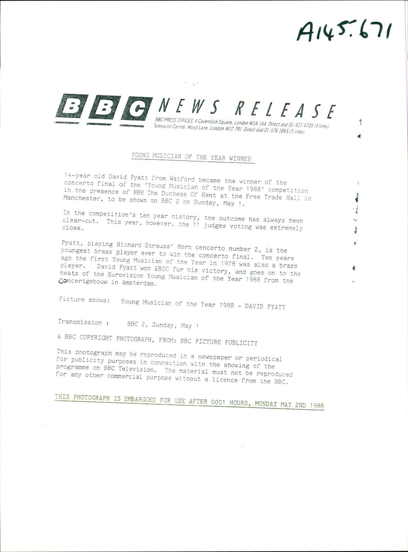 David Pyatt holds his Young Musician of the Year Award 1988 - Vintage Photograph