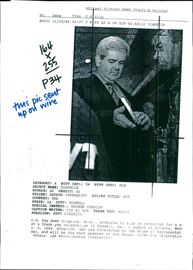 1994 LEAF PICTURE DESK PROCFING PRINTER GINGRICH TITLE USA WRITER COUNTRY - Vintage Photograph