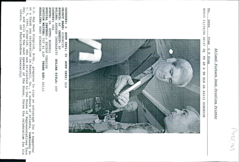 1994 NEWT GINGRICH WAS ELECTED THE HOUSE REPR TITLE USA WRITER COUNTRY - Vintage Photograph