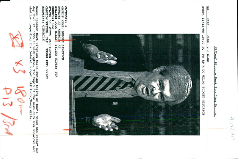 1995 NEWT GINGRICH HOUSE SPEAKER GIN DOUG MILLS TITLE USA WRITER COUNTRY - Vintage Photograph