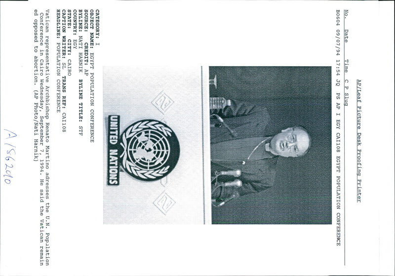 1994 VATICAN REPRESENTATIVE ARCHBISHO NATI HARNIK TITLE WRITER UNITED COUNTRY - Vintage Photograph