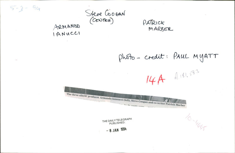 Armando Iannucci(left), Steve Coogan and co-writer Patrick Marber - Vintage Photograph