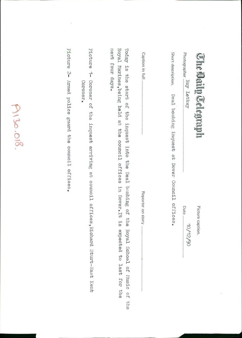 1990 DEAL BOMBING INQUEST BEING HELD THE ROY LETKEY POLICE MUSIC ROYAL - Vintage Photograph