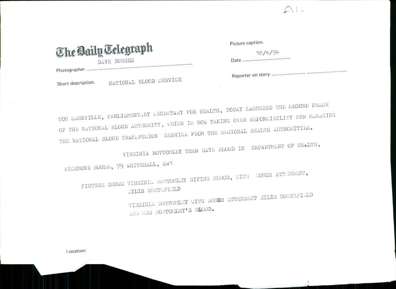 Health Secretary Virginia Bottomley donates blood - Vintage Photograph