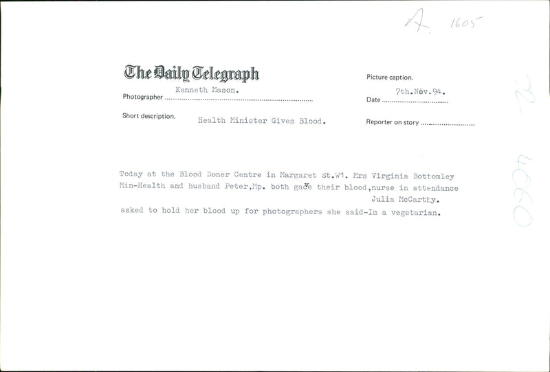 Health Minister Virginia Bottomley and her husband donating blood - Vintage Photograph