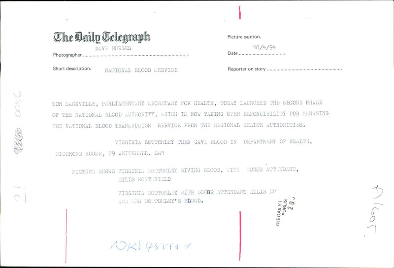 Health secretary Virginia Bottomley donates blood - Vintage Photograph