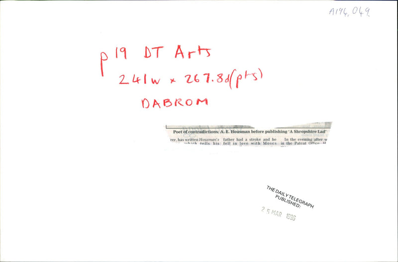 1996 HOUSMANS FATHER HAD STROKE AND THE EVENING ATTER POET PUBLISHED - Vintage Photograph