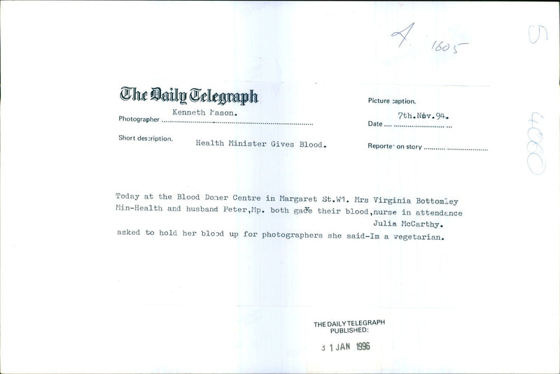 Health Sec. Virginia Bottomley donated blood - Vintage Photograph