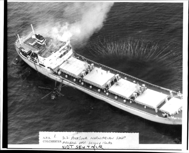 S/S Anatina ablaze off Scilly Isles - Vintage Photograph